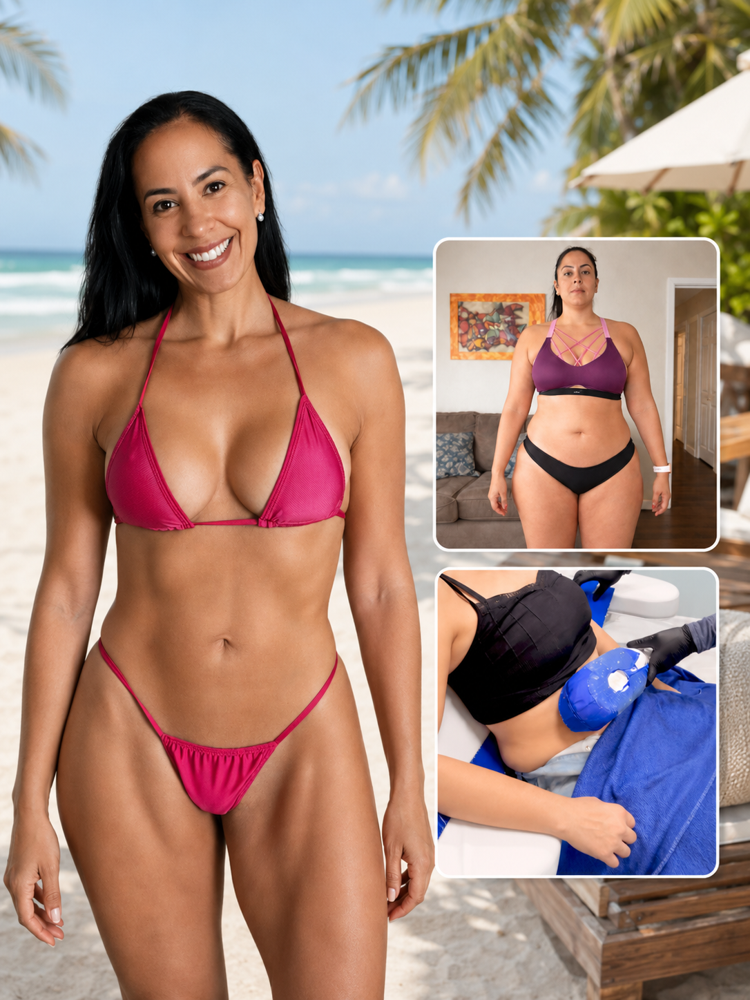 Bodenvy Miami client after body sculpting, with her before photo and a CoolSculpting treatment inset